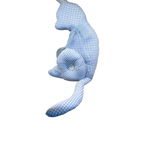 Handcrafted Stuffed Cat Pillow Baby Blue Gingham Fabric Neck Bow Button - Picture 4 of 6